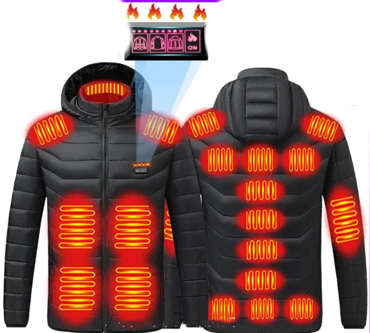 Black heated jacket with visible heating elements and a matching hat on a white background.